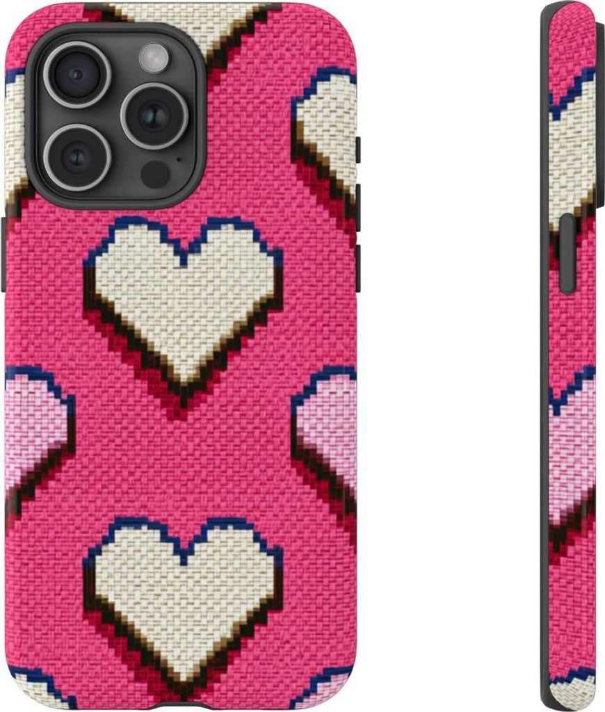 Pixelherzen in Weiß und Rosa – Hülle Kompatibel mit iPhone 15 Pro Max