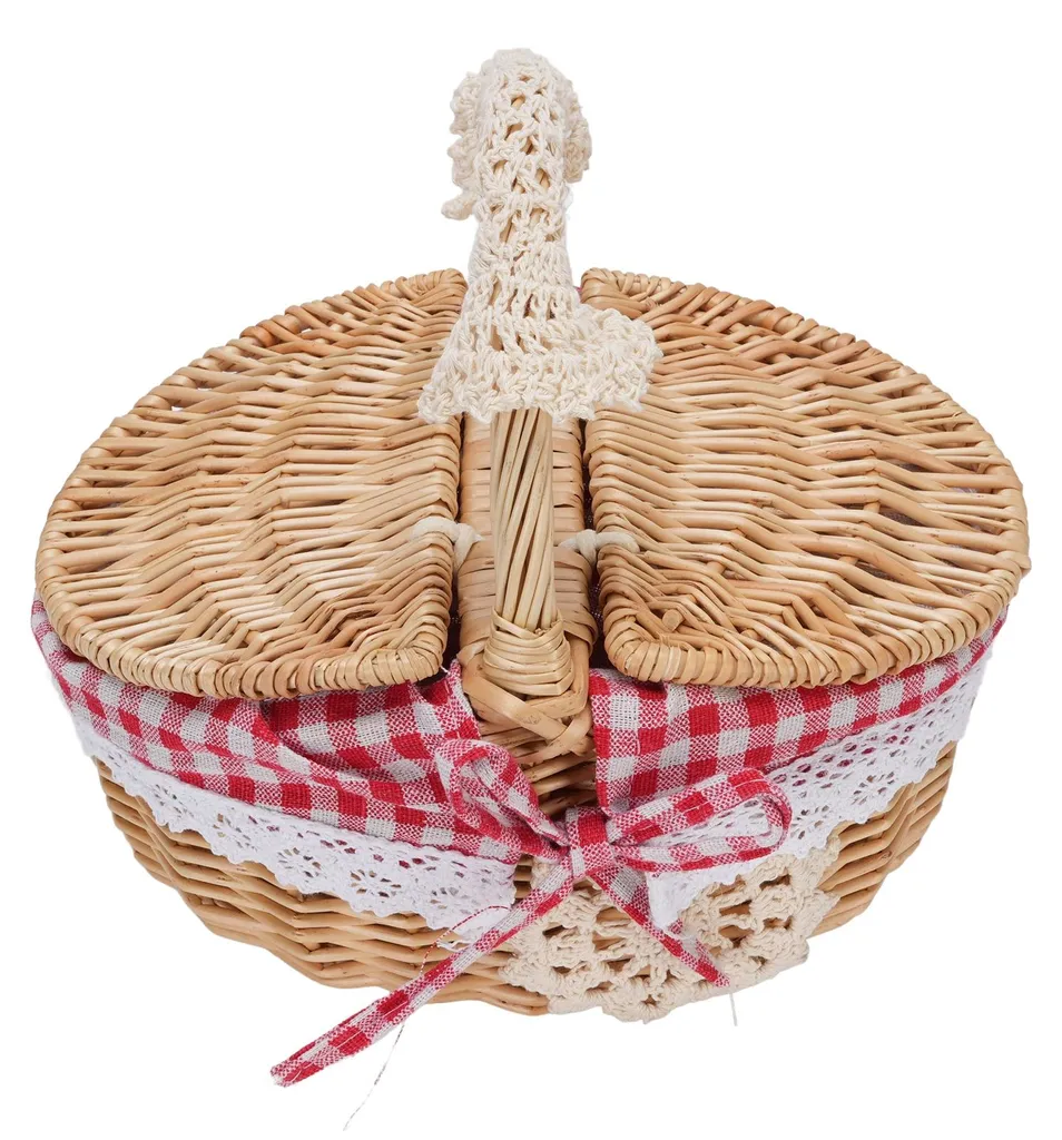 Panier à pique-nique en osier avec doublure vichy rouge et poignée
