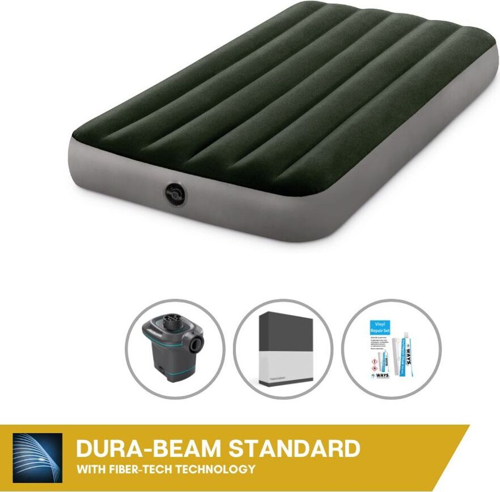 Intex Luftbett - 1 Person - 99 x 191 x 25 cm - Grün + Intex Elektropumpe - 650 Liter/Min + Spannbettlaken Schwarz + Reperaturset