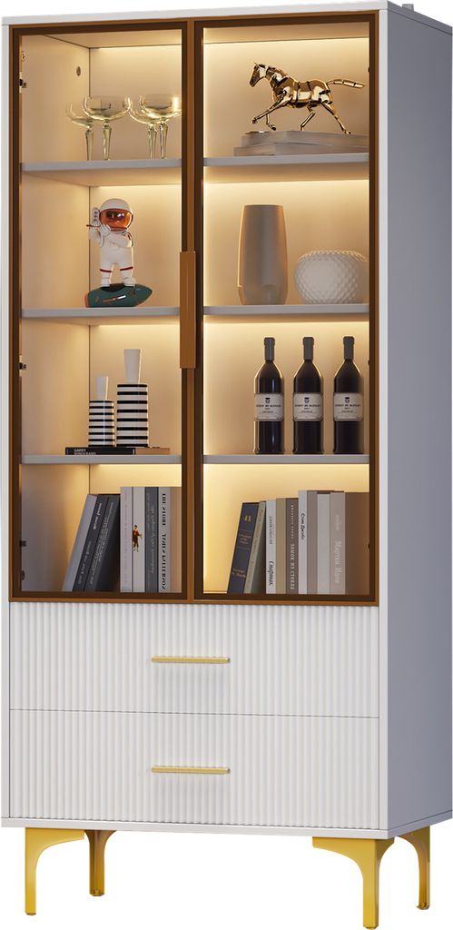 Glasvitrine mit zwei Türen, Vitrine mit LED-Licht, Standvitrine - 70*35*150cm - tealfarbene Glastüren, goldene Beine, bewegliche Einlegeböden