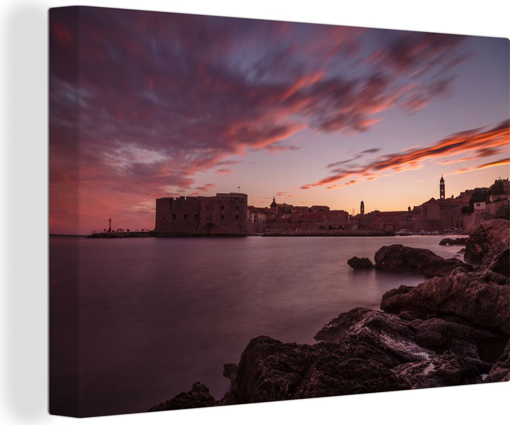 OneMillionCanvasses - Leinwandbilder - 140x90 cm, Sonnenuntergang über dem Hafen innerhalb der Stadtmauern von Dubrovnik, Wandbilder Kunstdruck ...