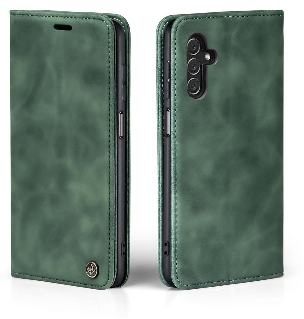 A green flip cover case for a Samsung Galaxy A14 / A14 5G phone, shown from the front and back.