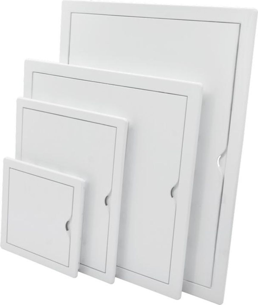 Four white inspection doors of different sizes are arranged diagonally.