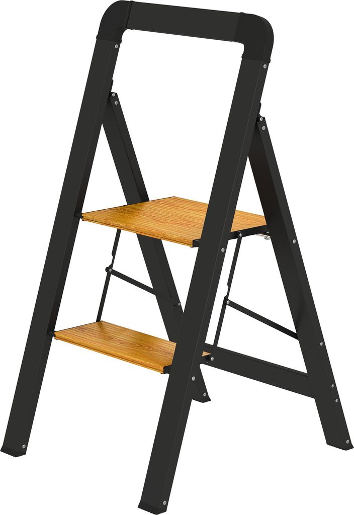 2-stufige Trittleiter, Metall, faltbar, rutschfeste Plattform, Schwarz