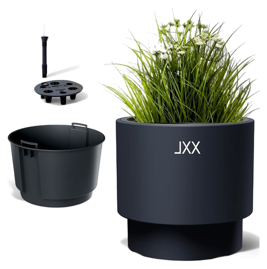 Blumenkübel Blumentopf mit Herausnehmbaren Einsatz Rund Frostbeständiger Modern Matt + Bewässerungssystem (Anthrazit, XXL - 47 cm)