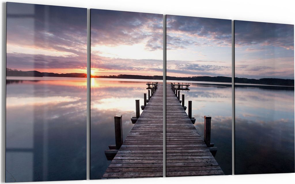 DEQORI Glasbild Echtglas 4x30x60 cm 'Steg bei Sonnenuntergang' Wandbilder XXL groß