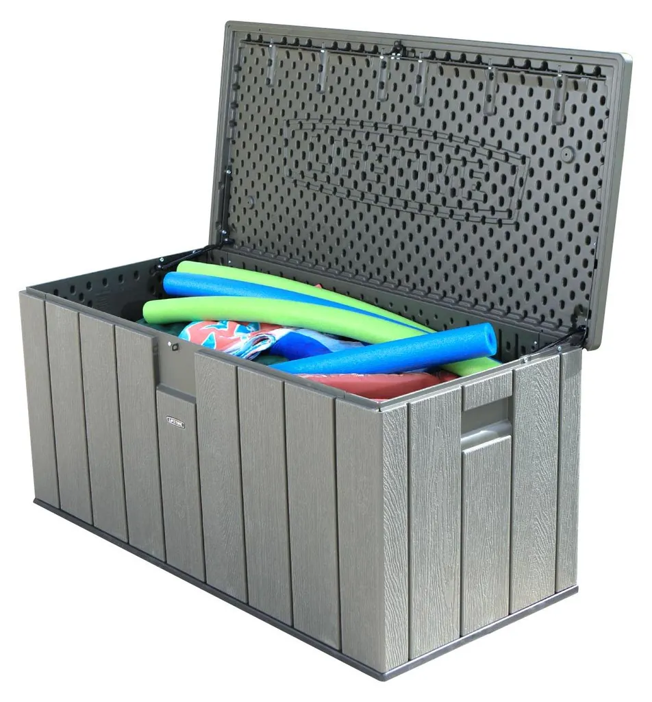 Coffre de jardin 568L aspect bois anthracite pour rangement extérieur