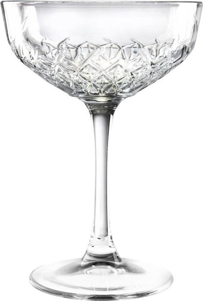 A clear, studio shot of a crystal coupe glass with a diamond-cut pattern on a white background.