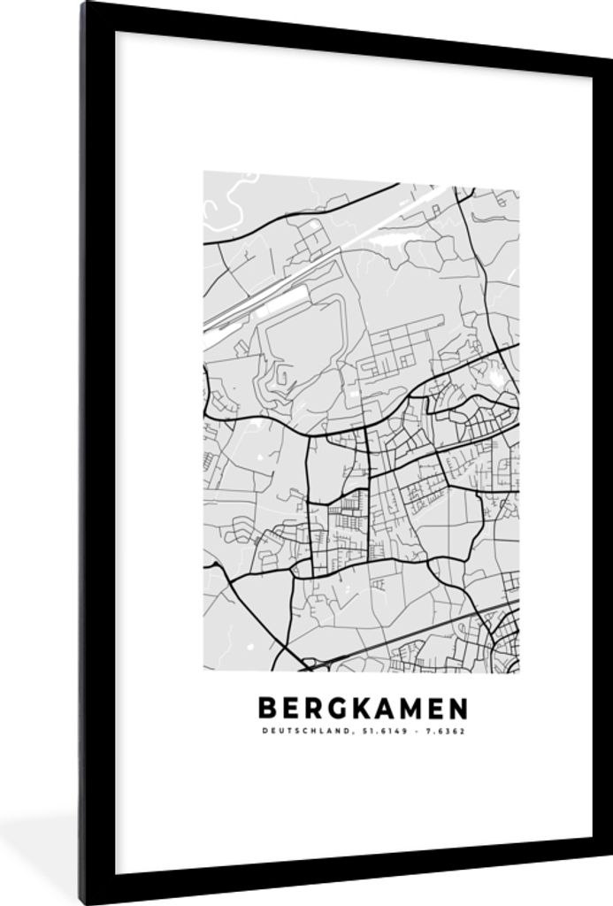 MuchoWow Gerahmtes Poster Bergkamen- Stadtplan - Deutschland - Karte 60x90 cm - Poster mit Schwarzem Bilderrahmen Wandposter Rahmen Foto Bilder -...
