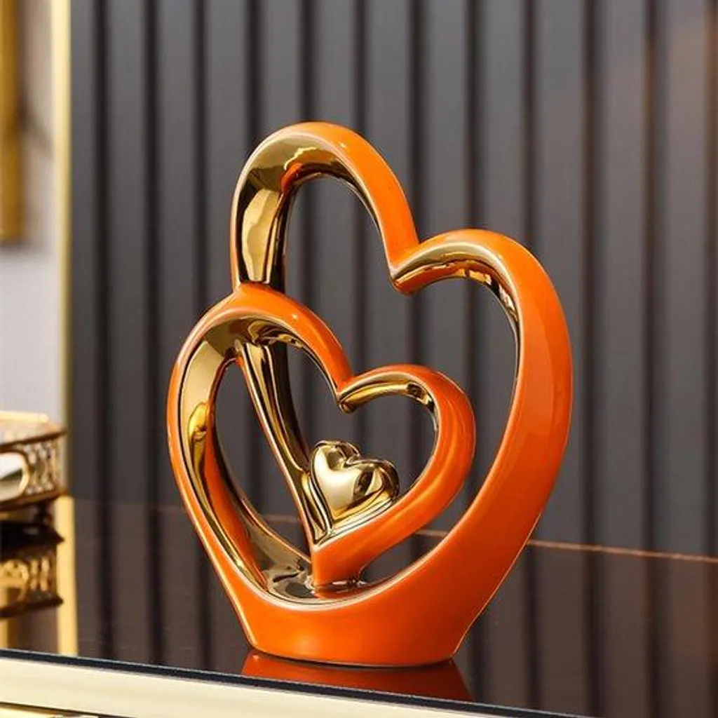 Ornement Double Cœur en Céramique 25,5 cm - Statuette Déco Design