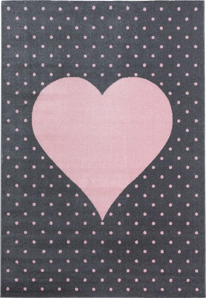 Tapis Enfant Teppium Rond 120 cm Rose Gris Motif Cœurs Doux Lavable