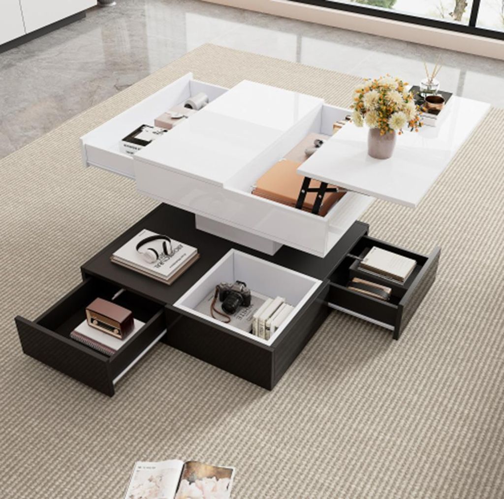 Couchtisch mit 360°drehbarer Tischplatte,Doppelschicht Wohnzimmertisch,Hochglanz Kaffeetish,anhebbarer Sofatisch,70*70*40cm