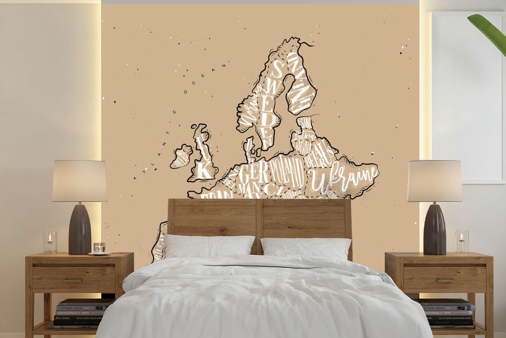 MuchoWow Fototapete für Wohnzimmer oder Schlafzimmer Wandtapete Vinyl Motivtapete Europa - Karte - Braun - Briefe - 300x300 cm - Wanddekoration