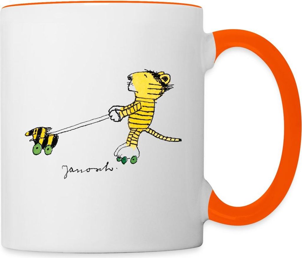 Spreadshirt Janosch Tiger auf Rollschuhen Tasse Zweifarbig, One size, Weiß/Orange