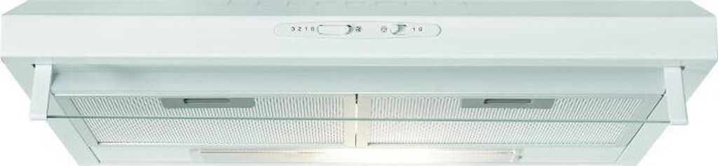 A white range hood with a glass trim and controls on top.