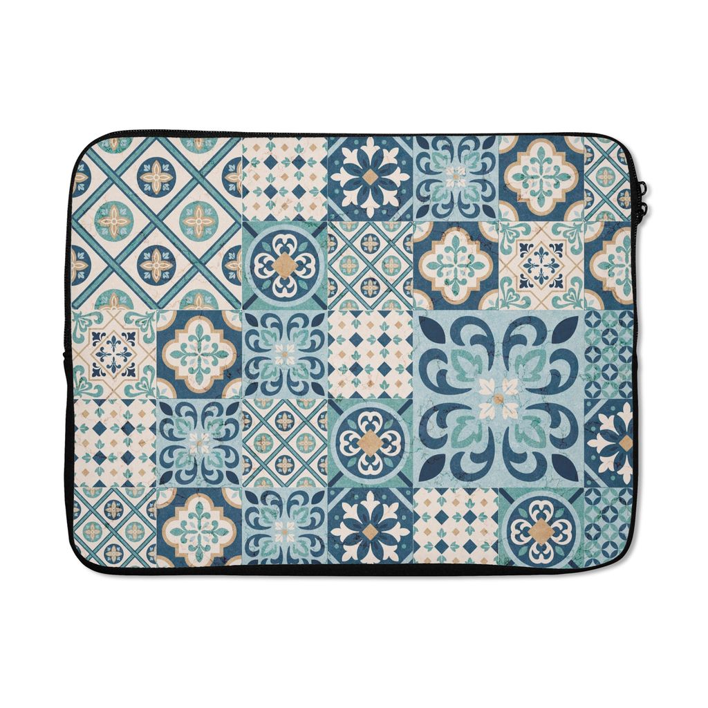 MuchoWow Laptop Hülle 17 Zoll Laptoptasche Blumen - Blau - Design - Fliese - Zipper - Schutzabdeckung