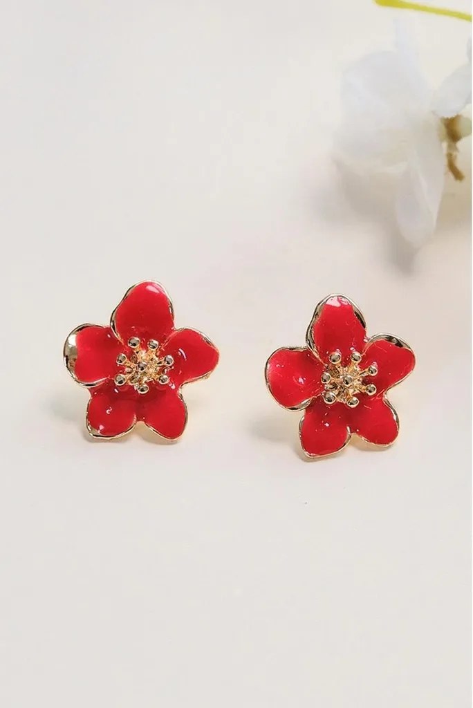 Boucles d'oreilles sakura rouges légères en plaqué or - Style élégant