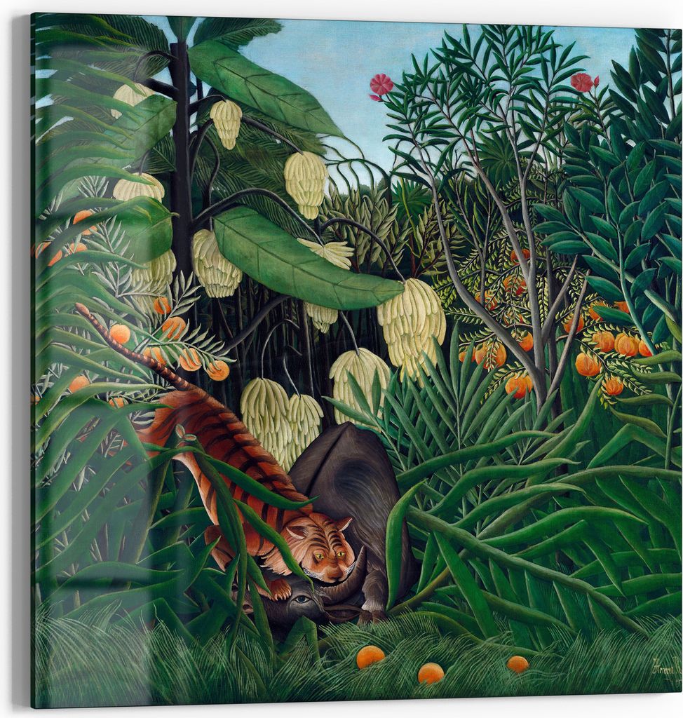 DEQOART Glasbild Echtglas 30x30 cm 'Tigerspiel im Dschungel' Wandbild Bild modern Deko
