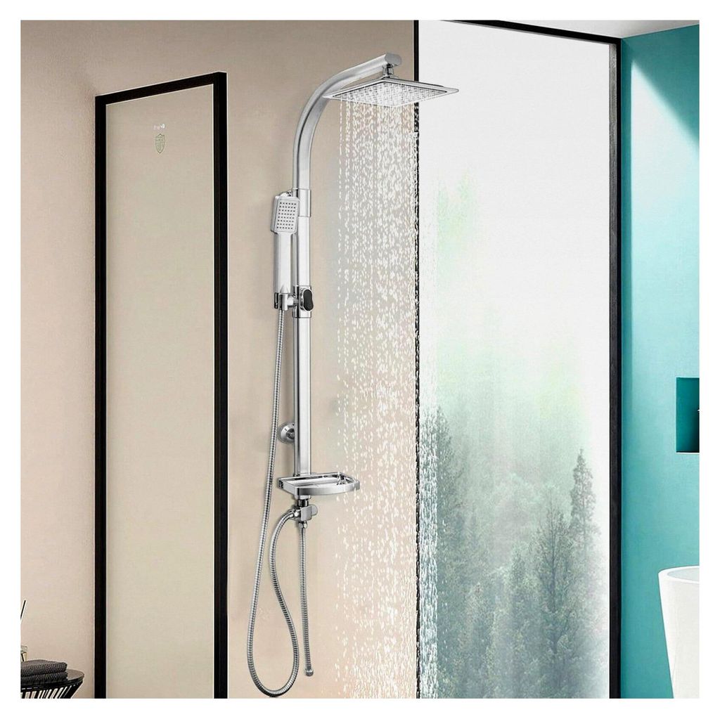 Edelstahl Duschsystem mit Regendusche – 20×20 cm Kopfbrause & Handbrause im Set, inklusive Duschstange mit Ablage – modernes Chrom-Design für...