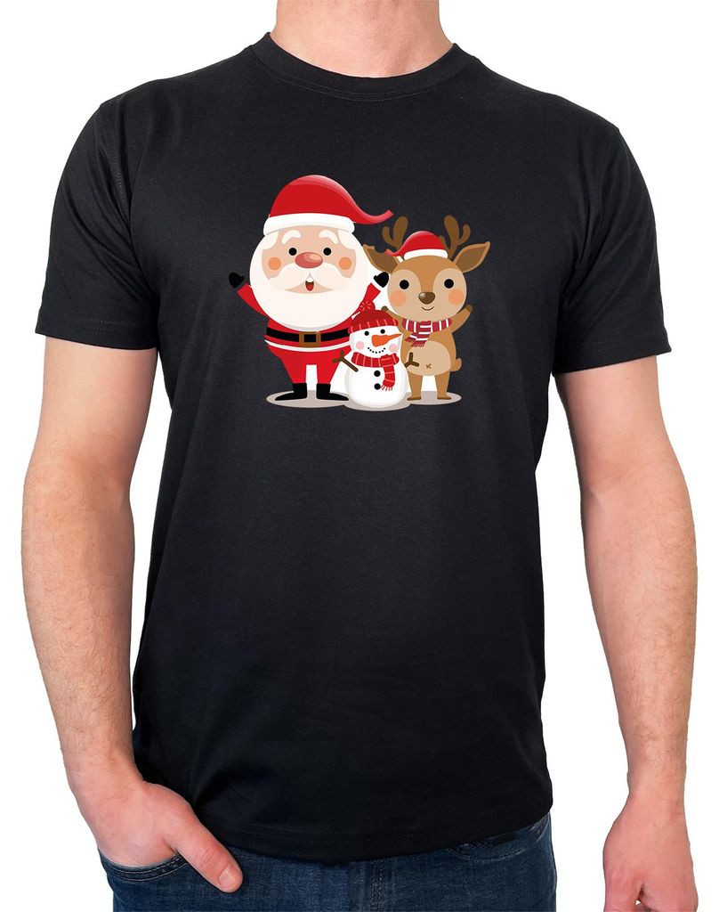 Huuraa Herren T-Shirt Weihnachtsmann Rudolph und Schneemann 3XL Black Bio Baumwolle Fairtrade Herrenshirt Geschenkidee