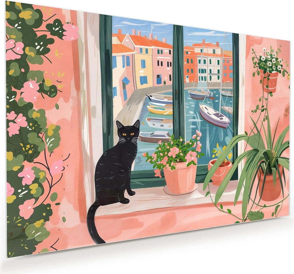 Glasbild 60x40cm in XXL für Wohnzimmer, Schlafzimmer Motiv Katze am Fenster