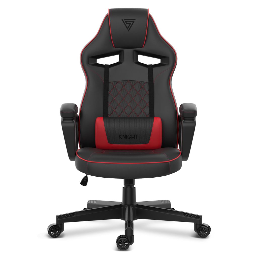 A black and red gaming chair is shown from the front on a white background.