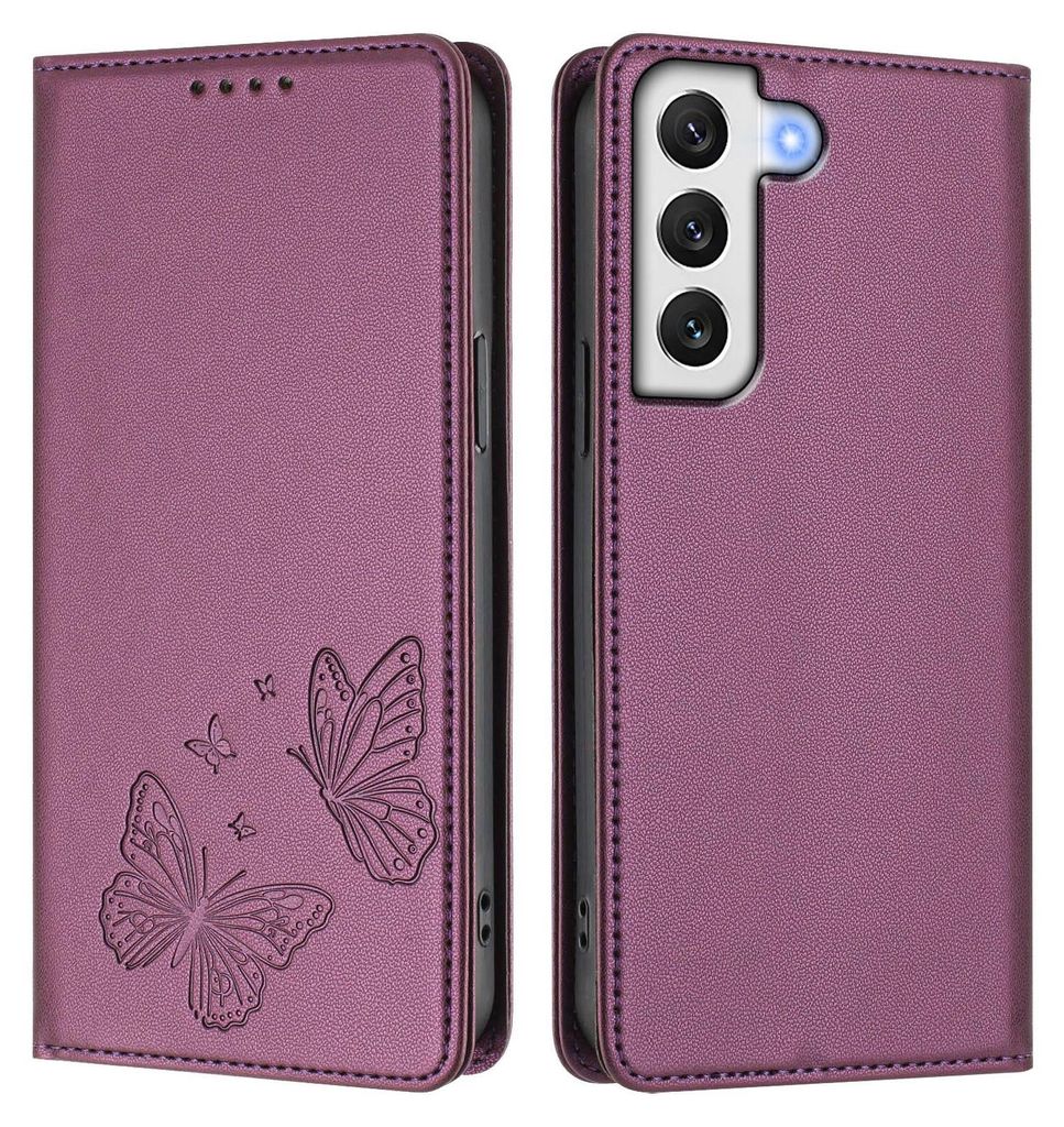 Lederhülle für Samsung Galaxy S21 FE 5G, Schmetterling Prägung Leder Brieftasche Schutzhülle mit Ständer Lila