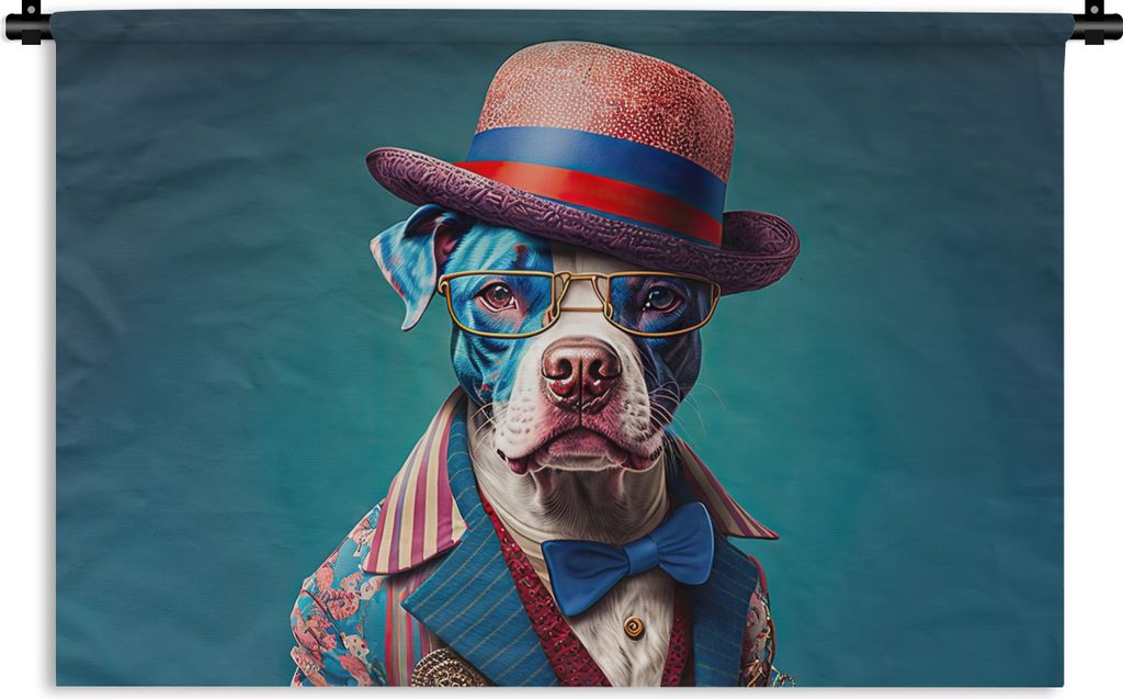 MuchoWow Wandteppich Wandbehang Hund - Hut - Jacke - Blumen - Blau 120x80 cm Tapisserie Dekoration Wandtuch - Wanddekorationen - Wandtücher