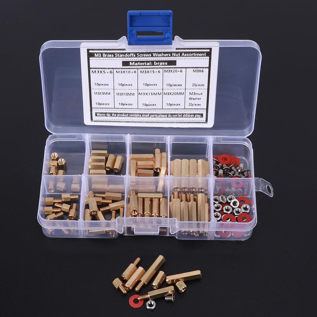 140-teiliges Sortiment an M3-Messing-Abstandshaltern, Schrauben, Unterlegscheiben und Muttern, Sechskant-Befestigungszubehör