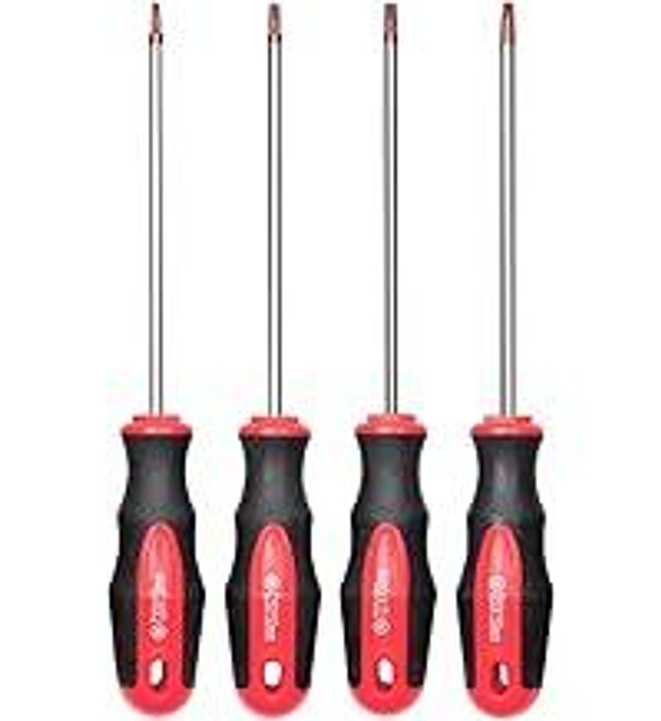 4-teiliges Torx-Schraubendreher-Set mit magnetischer Spitze, 4 Torx-Sternschraubendreher, T20, T25, T27, T30, rote Spitze | Rot, glänzend, S2-Stahl