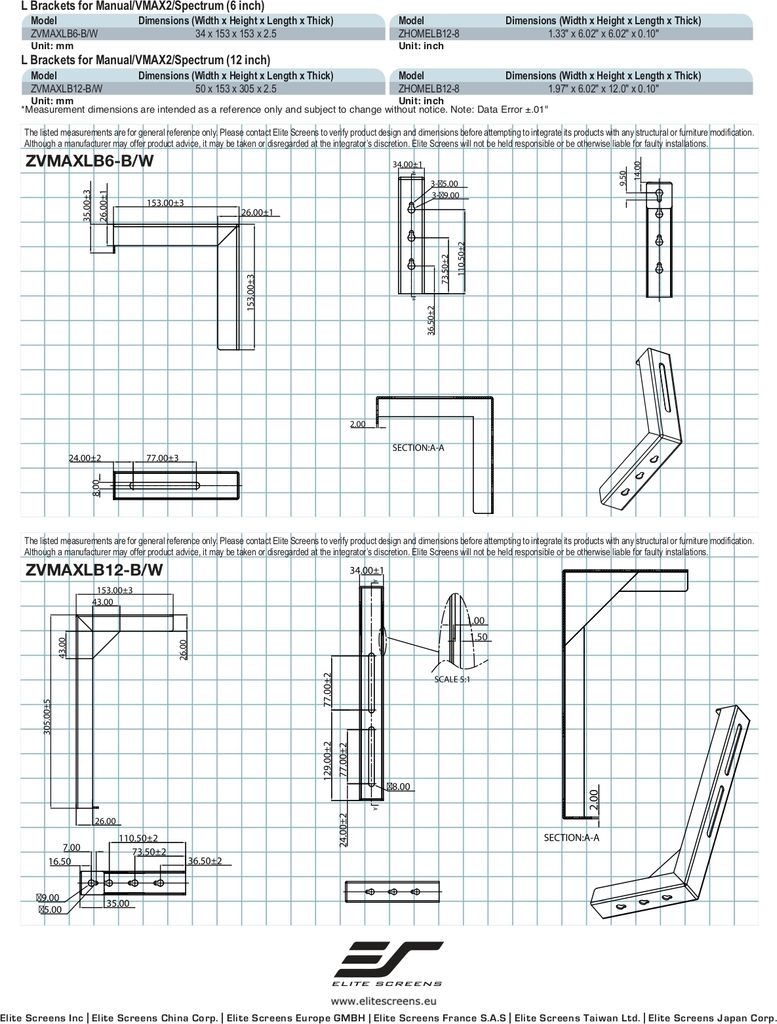 Elite Screens Wandabstandshalter 30cm/12" weiß / 1 Paar