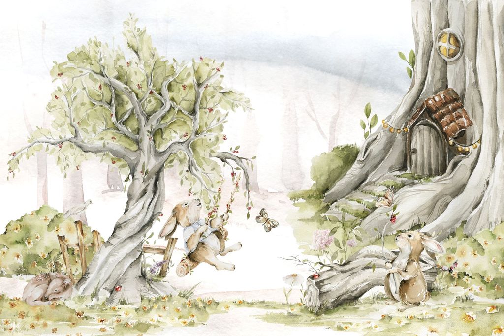 FDeco-Wall | Viles Fototapete- Kinderzimmer | Häschen im Wald | 200x135 cm | Wandtapete | Wandsticker für Kinder