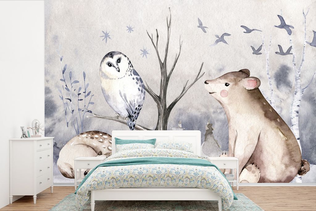 MuchoWow Fototapete für Wohnzimmer oder Schlafzimmer Wandtapete Vinyl Motivtapete Winter - Hirsch - Eule - Bär - 600x400 cm - Vinyltapeten