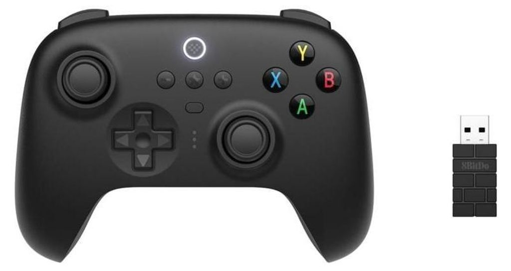 A black wireless game controller and a USB receiver are shown against a white background.