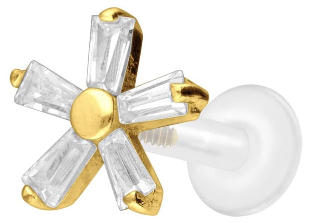 Ohrpiercing, Nasenpiercing PTFE Labret mit Innengewinde + Titan-Aufsatz KRISTALLBLUME Gold Stablänge: 8mm | Stabstärke: 1,6mm