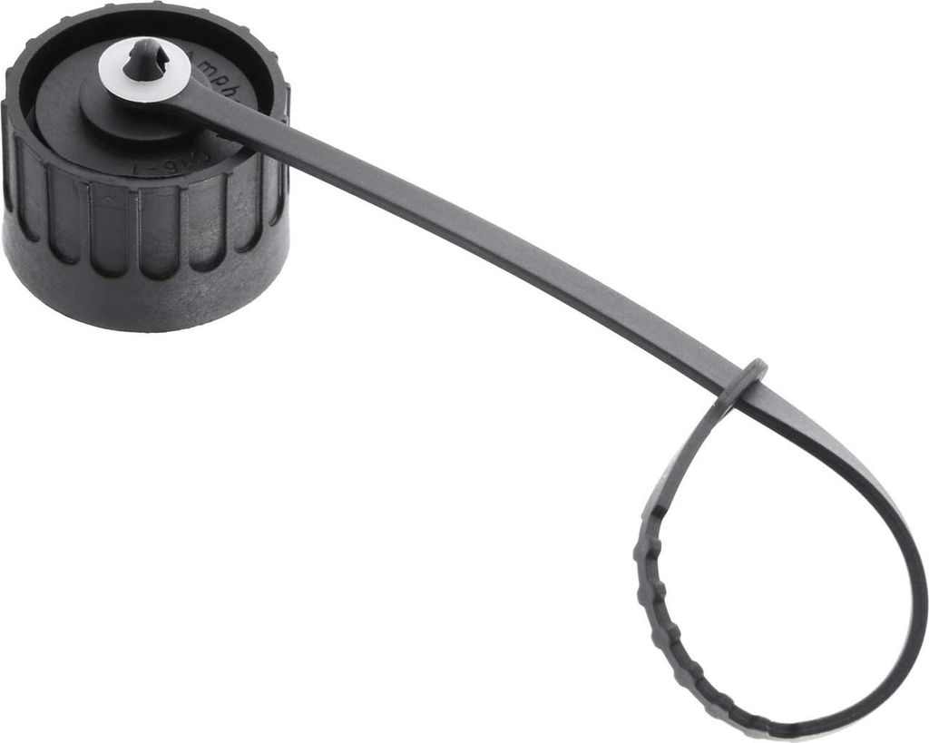 A black cap with a tether and a loop, shown against a white background.