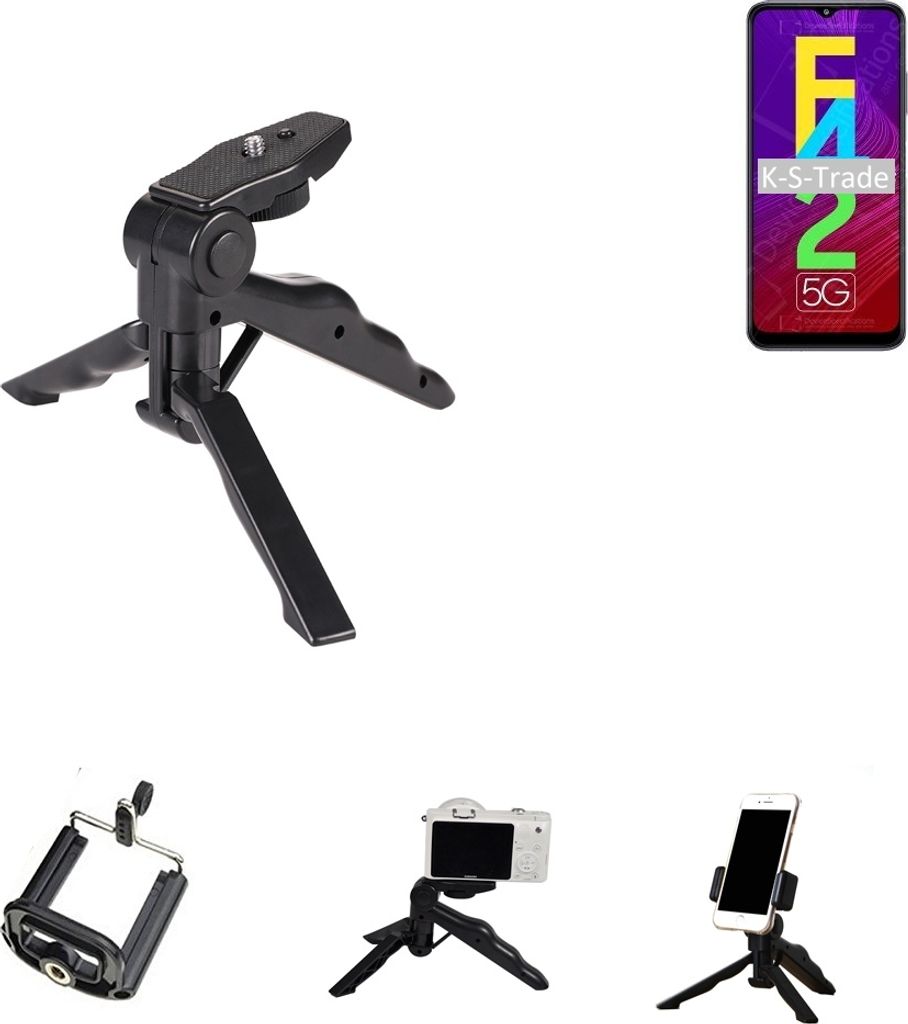 K-S-Trade Stativ Tisch-Ständer Dreibein Handy-Stativ Ständer kompatibel mit Samsung Galaxy F42 5G Mini-Stativ Smartphone Tripod Handy-Stativ aus