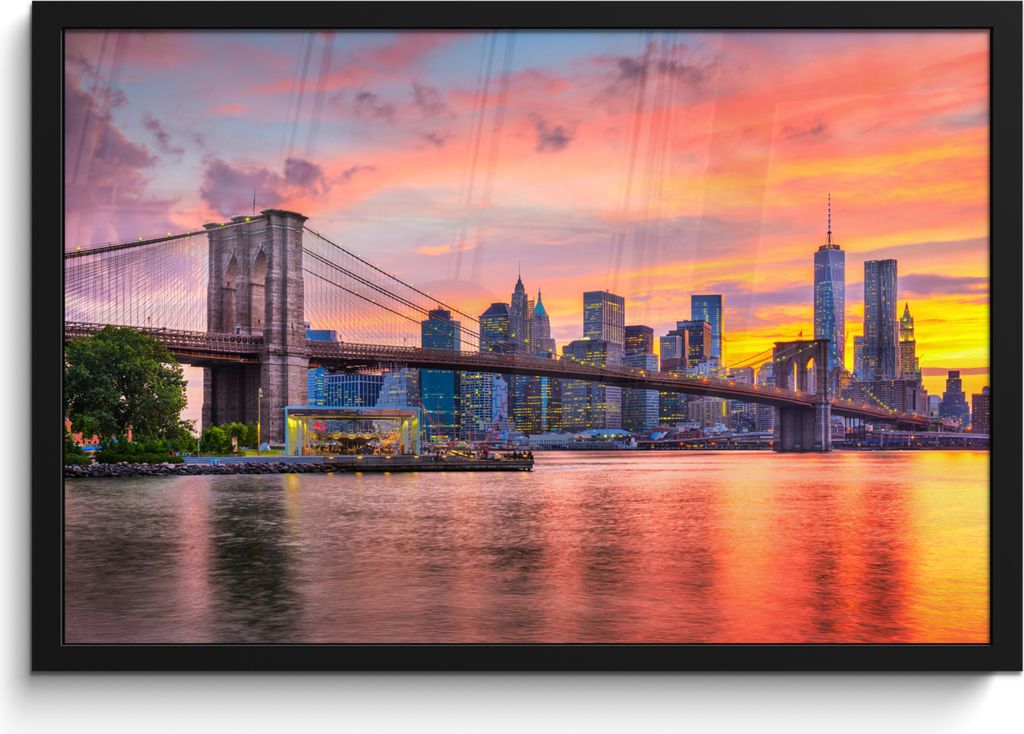 MuchoWow MuchoWow Gerahmtes Poster New York - Sonne - Brooklyn Bridge 60x40 cm - Poster mit zchwarzem Bilderrahmen - Printing - Wanddeko Schlaf...