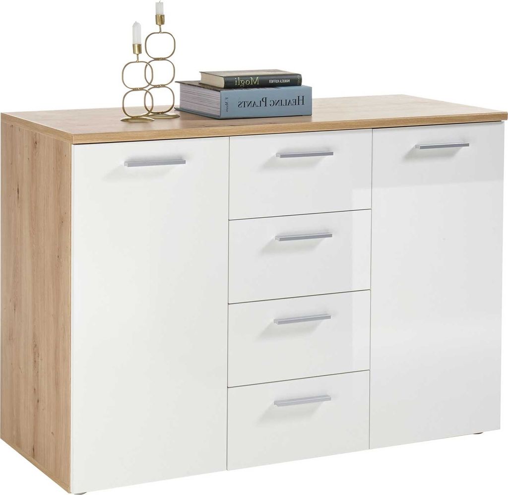 Kommode Lobi 2 Türen 4 Schubladen - weiß glänzend/Holz