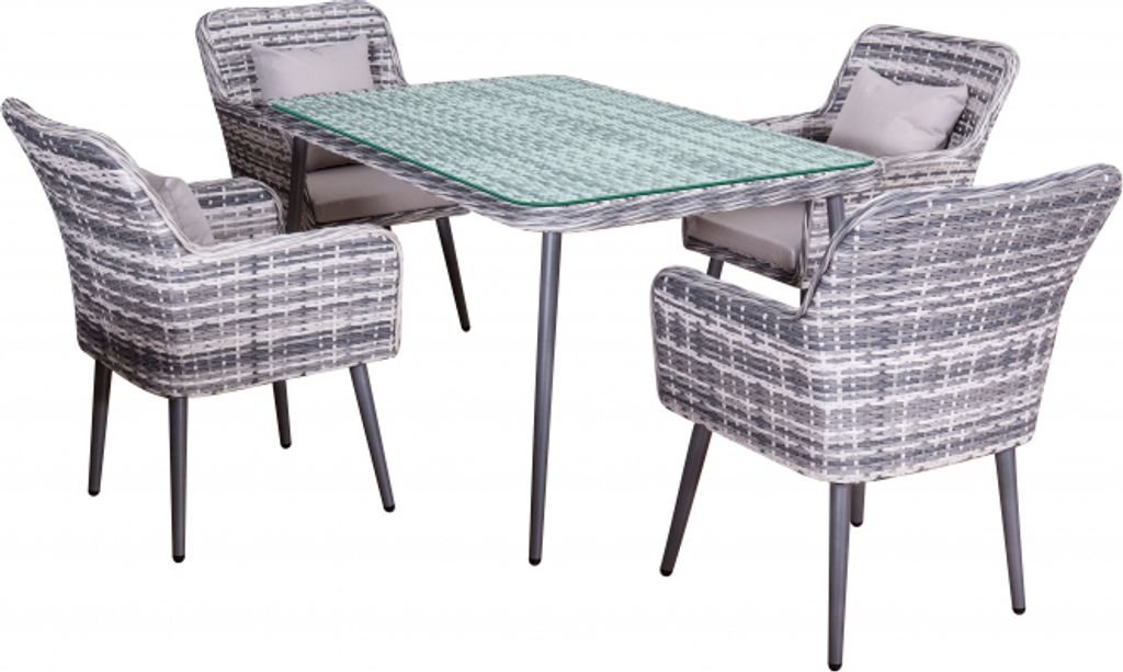 Gartenmöbel Garten Essgruppe Sitzgruppe LIMA grau 5-Teilig mit Kissen Garten Terrasse Balkon Garten Wetterbeständig aus Rattan UV-Beständig