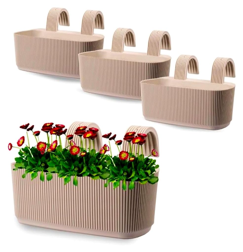 Set aus Kunststoff-Balkonkisten, Elegante Blumenkästen für Blumen und Kräuter, für Balkon und Terrasse, 3er-Set, Farbe: Beige
