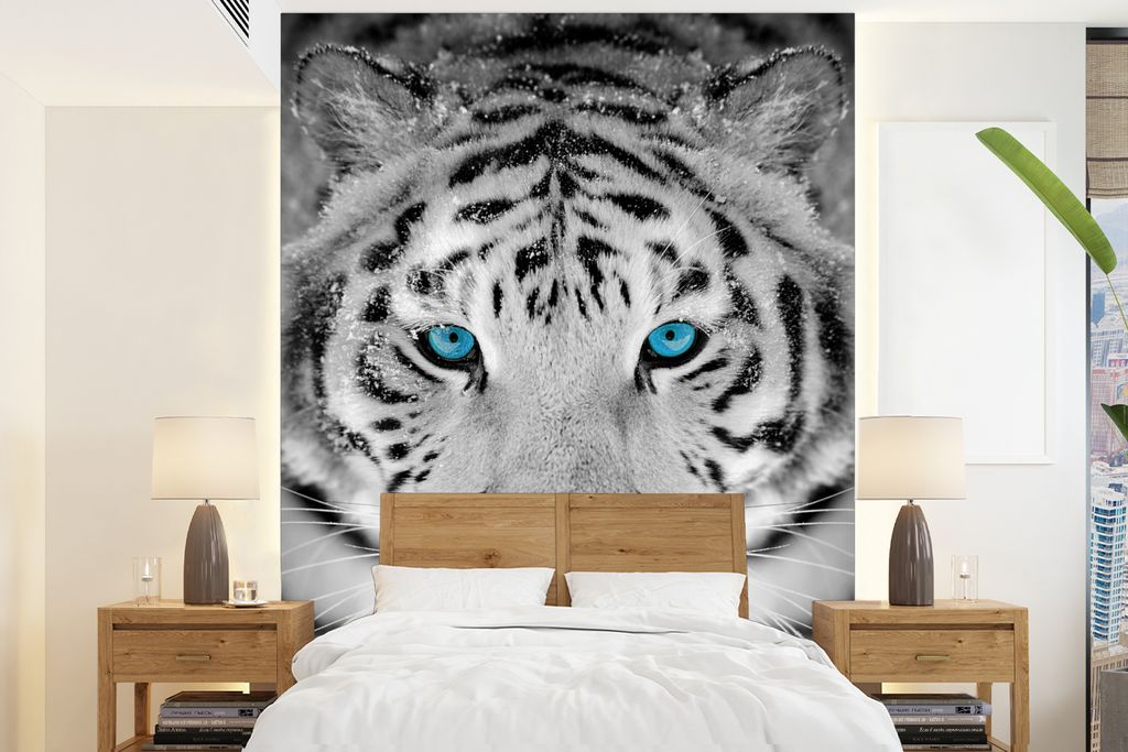 MuchoWow Fototapete für Wohnzimmer oder Schlafzimmer Wandtapete Vinyl Motivtapete Tiger - Winter - Tiere - 195x260 cm - Wandbild