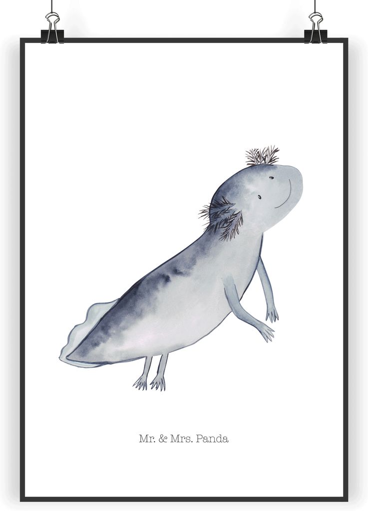 Mr. & Mrs. Panda Bild Axolotl Schwimmen DIN A4 - Weiß - Geschenk, Schwanzlurch, Plakat, Kunstdruck, Lurch, Optimistisch, Problem, Wandbild, Proble...
