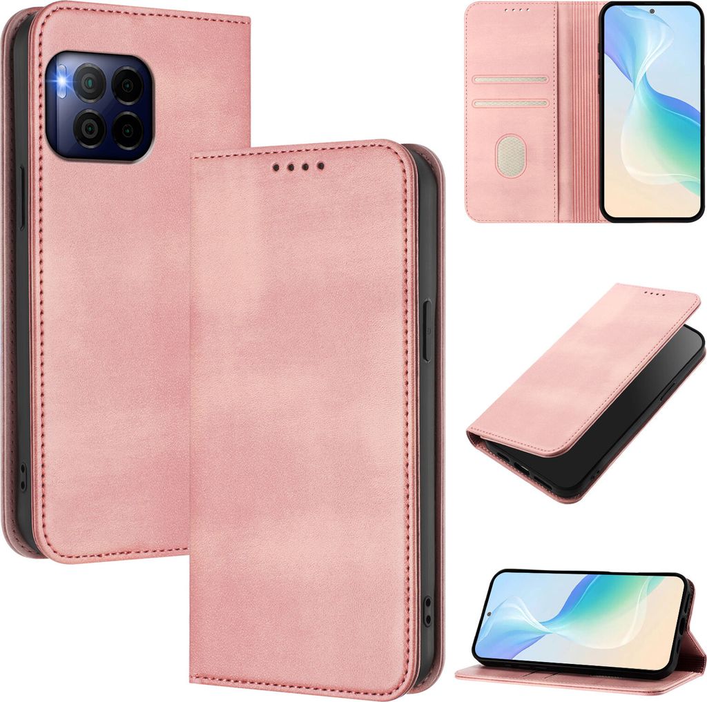 Handyhülle für T-Mobile REVVL 7 Pro, Vintage Leder RFID Schutz Kartenfach Standfunktion Magnetische Klapphülle Pink
