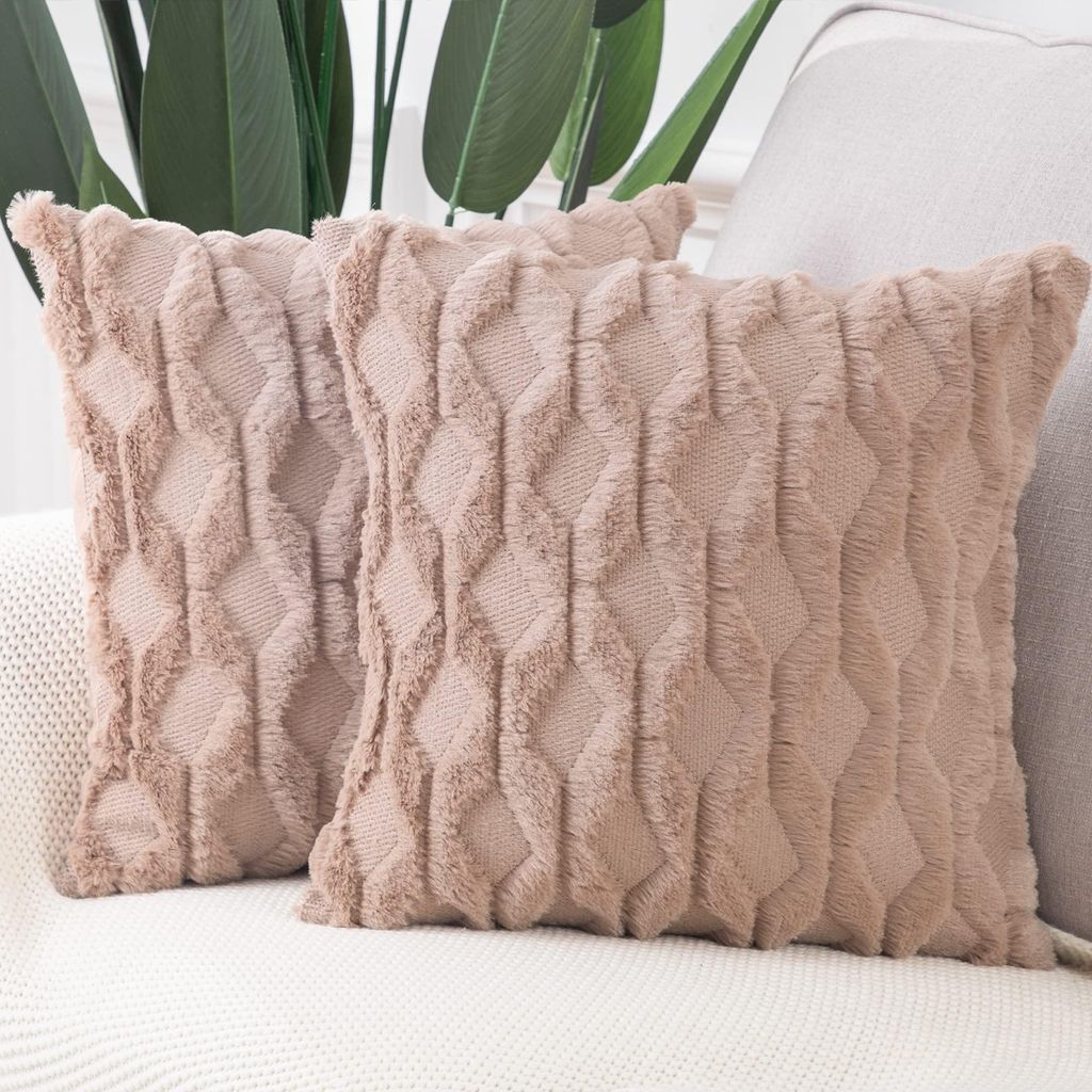 Set aus 2 weichen, flauschigen Dekokissenbezügen aus kurzem Wollsamt im n Stil für Sofa und Schlafzimmer, braun, 40 x 40 cm (quadratisch)