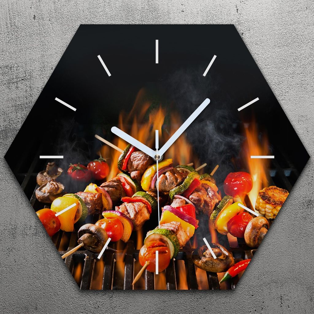 Uhr hexagonal 40 cm Glas Geräuschlos weiße Zeiger - Fleischspieße vom Grill