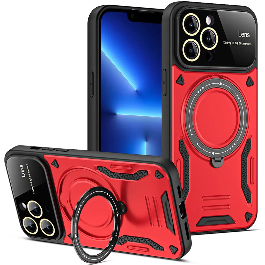 Odolné pouzdro pro iPhone 13 Pro Max Dual-Layer Magnetic Ring Holder Stand Magsafe Case červené