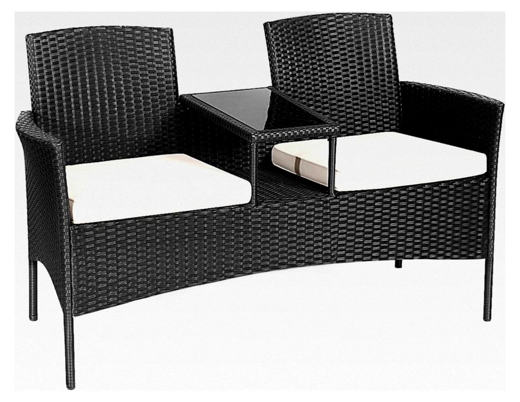 Polyrattan Gartenbank, 2-Sitzer mit Tisch und Kissen, 138 x 61 x 85 cm, wetterfeste Rattan Sitzbank für Garten und Balkon (Weiß)