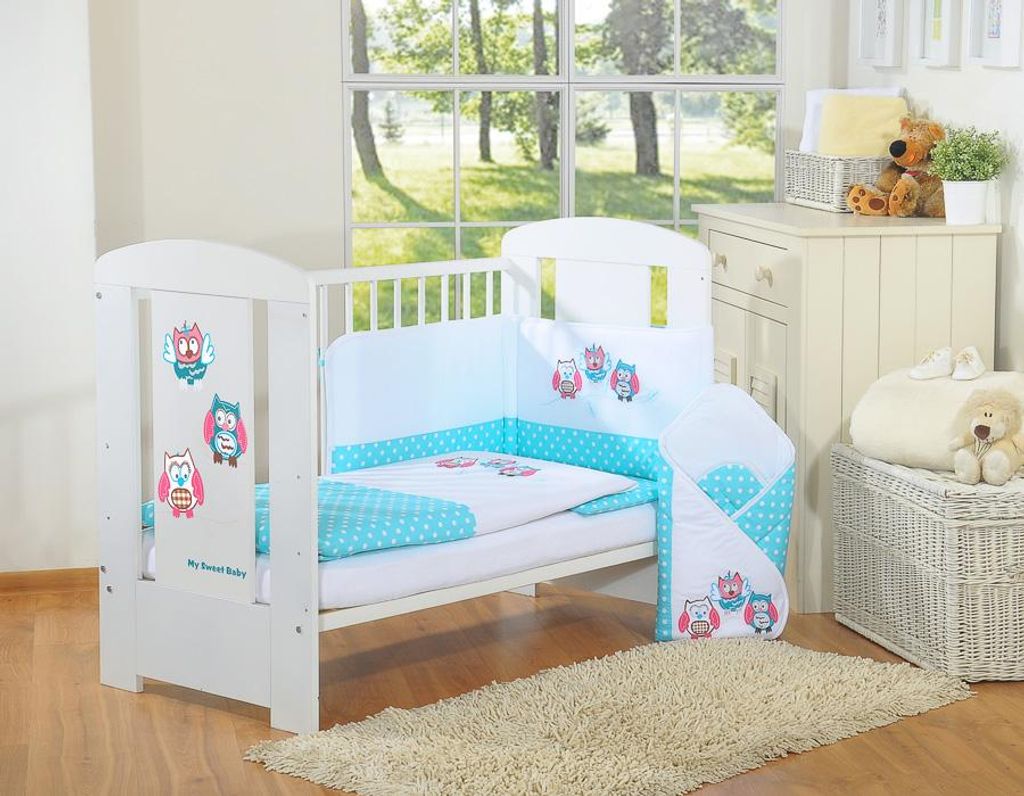 My Sweet Baby Bettwäsche 3-teilig Türkis 120x90 cm mit Eulenstickerei und Schutz für Babybett -