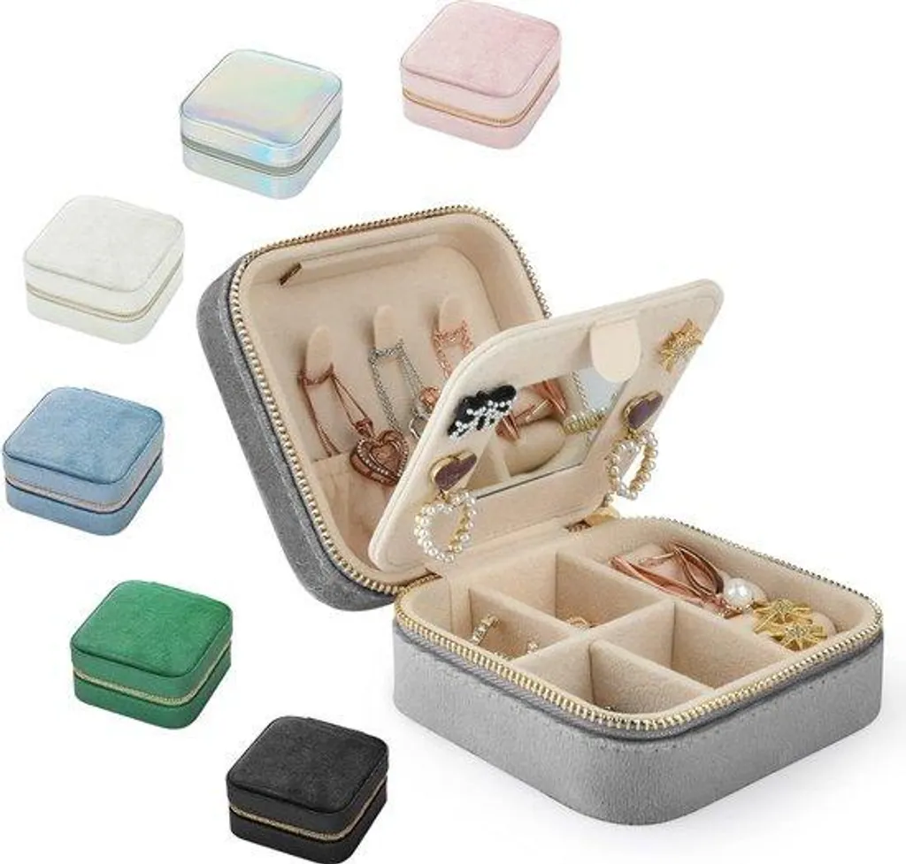 Petite trousse à bijoux souple grise avec compartiments de sécurité